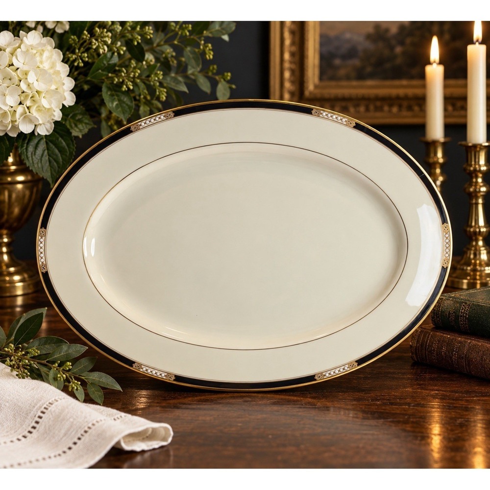 Lenox Hancock Presidential Collection 16" Oval Serving Platter Black Gold